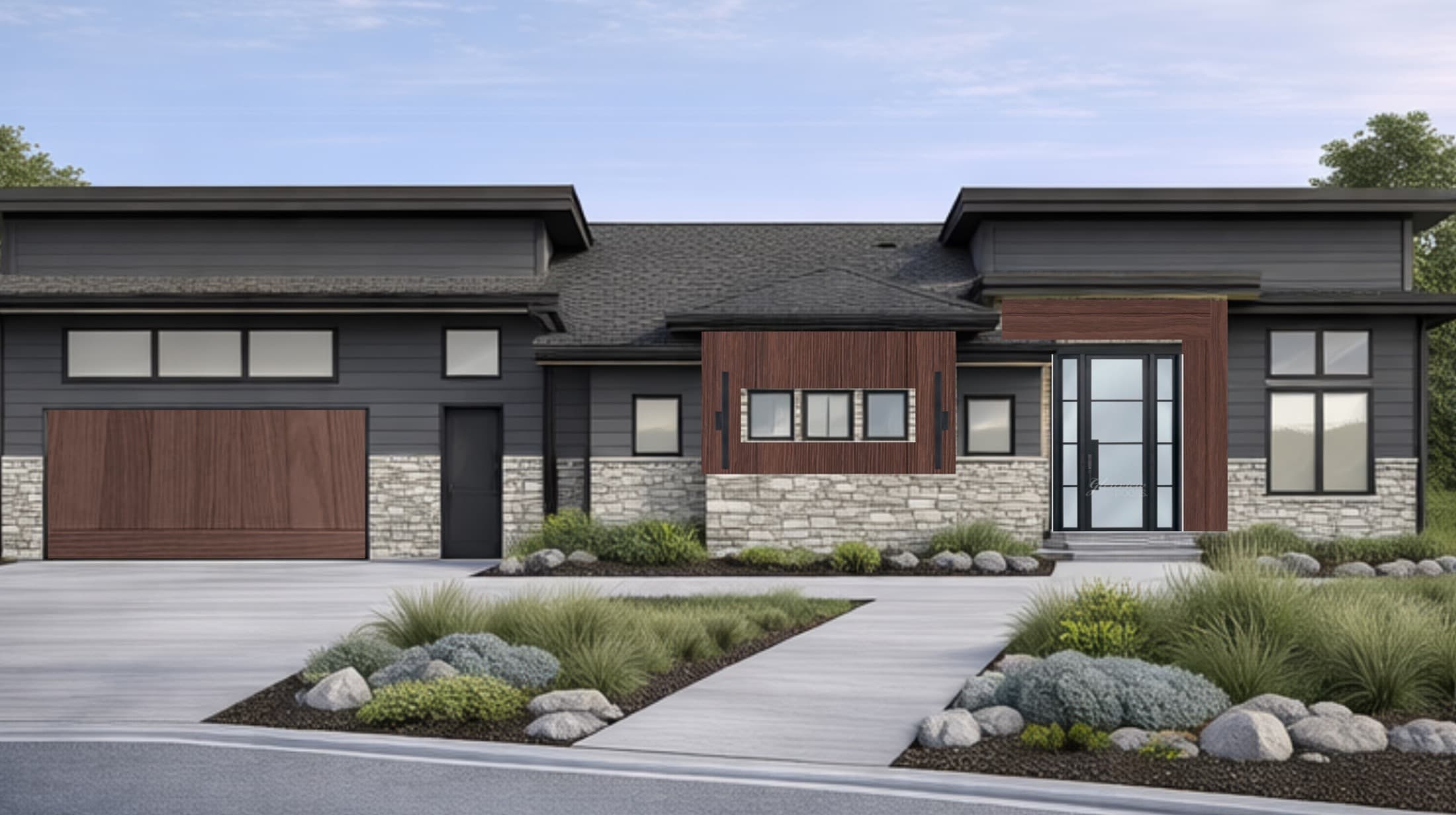 Modern home exterior concept with dark siding, stone, and wood accents